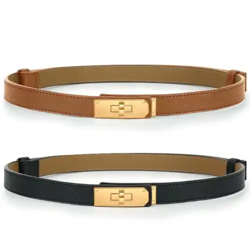 CEAUZY Womens Leather Belts For Jeans Dresses Pants Skinny Waist Belt with Adjustable Gold Turn-Lock Buckle, 2 Packs