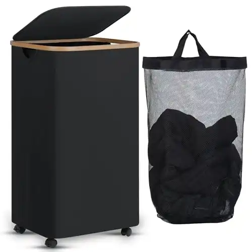 efluky Laundry Basket with Wheels, Rolling Laundry Basket with Lid and Removable Bag, Dirty Clothes Basket with Wheels for Laundry Room, Bedroom & Bathroom, 100L (26.4 Gallon) Black