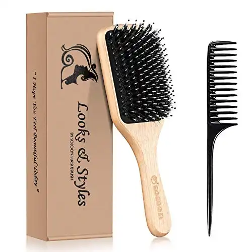 Hair Brush, Sosoon Boar Bristle Paddle Hairbrush for Long Short Thick Thin Curly Straight Wavy Dry Hair for Men Women Kids, No More Tangle, Giftbox & Tail Comb Included