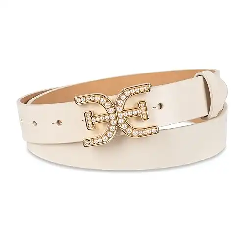 Sam Edelman Women's Imitation Pearl Embellished Double-E Logo Plaque Buckle Leather Belt for Jeans, Dresses and Trousers