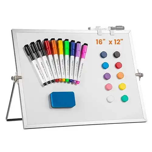 Dry Erase WhiteBoard, Aisuoker 16 x 12inch Magnetic Desktop Whiteboard with Stand, 10 Markers, 10 Magnets and 1 Eraser, Portable Double-Sided White Board for Kids Drawing Memo to Do and List Wall