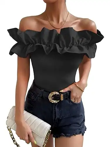 OYOANGLE Women's Ruffle Trim Off Shoulder Short Sleeve Blouse Party Tops Shirt