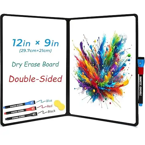 Double-Sided Whiteboard - Portable, 12" x 9" Dry Erase Boards with 3 Markers, Eraser and Stylish Red Elastic Pen Tray for Office, Education and Home (Black)