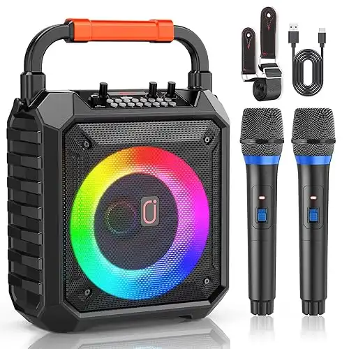 Karaoke Machine for Adults & Kids, Portable Bluetooth Karaoke Speaker with 2 Microphones & DJ Lights for Home Party Gathering, Karaoke Microphone Wireless PA System Supports USB/AUX-in/REC