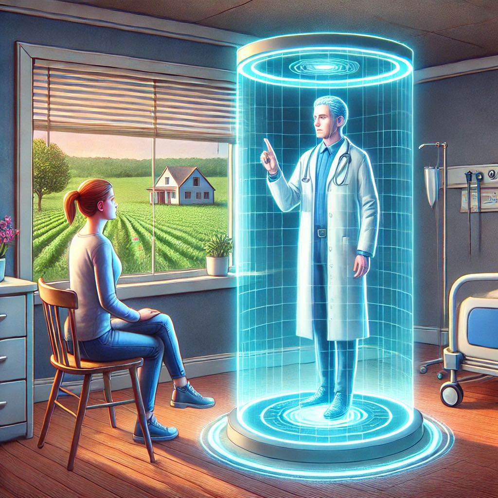 A woman sits in a room, engaging with a holographic doctor, a marvel of rural healthcare in the future. Behind her, a window unveils a serene countryside with fields and a cozy house. A hospital bed and medical equipment blend into the background, bridging technology with tranquility.