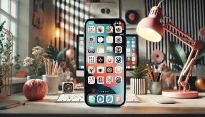 An iPhone with the latest iOS 18 features lights up a cozy desk. The desk is adorned with plants, a yarn ball, a lamp, and stationery. Soft lighting filters through the nearby window, crafting a warm and inviting atmosphere.